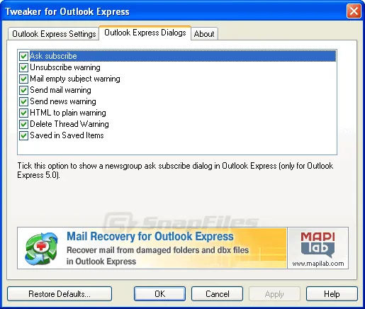 Tweaker for Outlook Express スクリーンショット 2