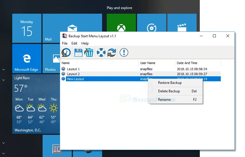 Backup Start Menu Layout スクリーンショット 1