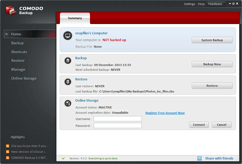 Comodo Backup スクリーンショット 1