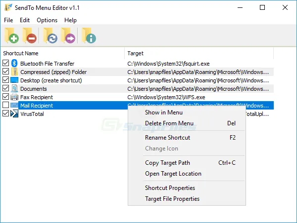 SendTo Menu Editor スクリーンショット 1